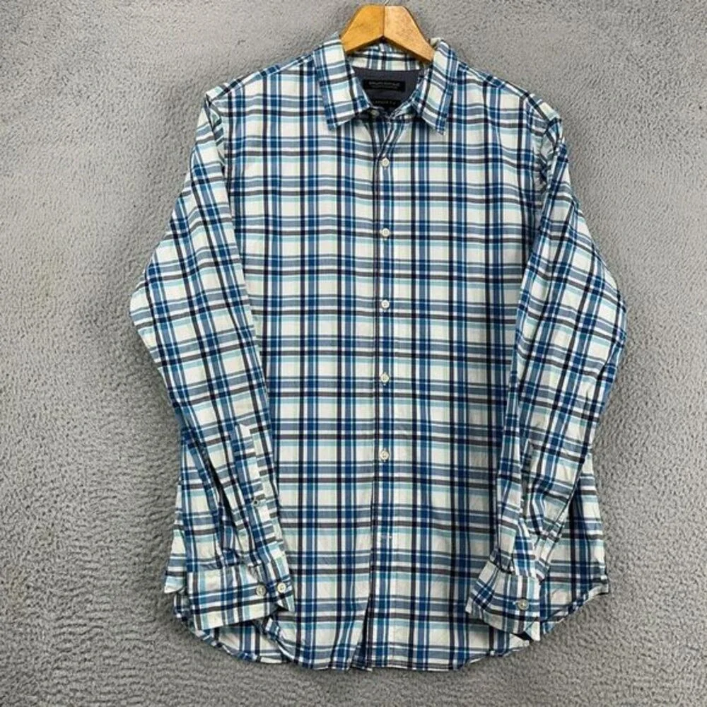 Banana Republic Button Up Shirt Adult Large White Blue Plaid Camden Fit Mens